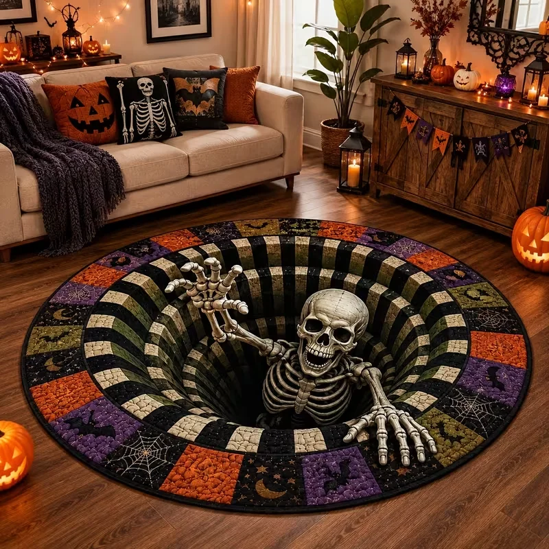 Skeleton Striped Hole Round Rug Living Room Sofa Side Dorm Lounge Apartment Residential Area Rug Home Decor 2D Print Mat