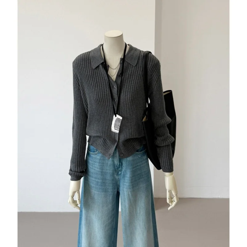 

Spring Commuting Long Sleeve Striped Solid Single Button Knit Cardigan