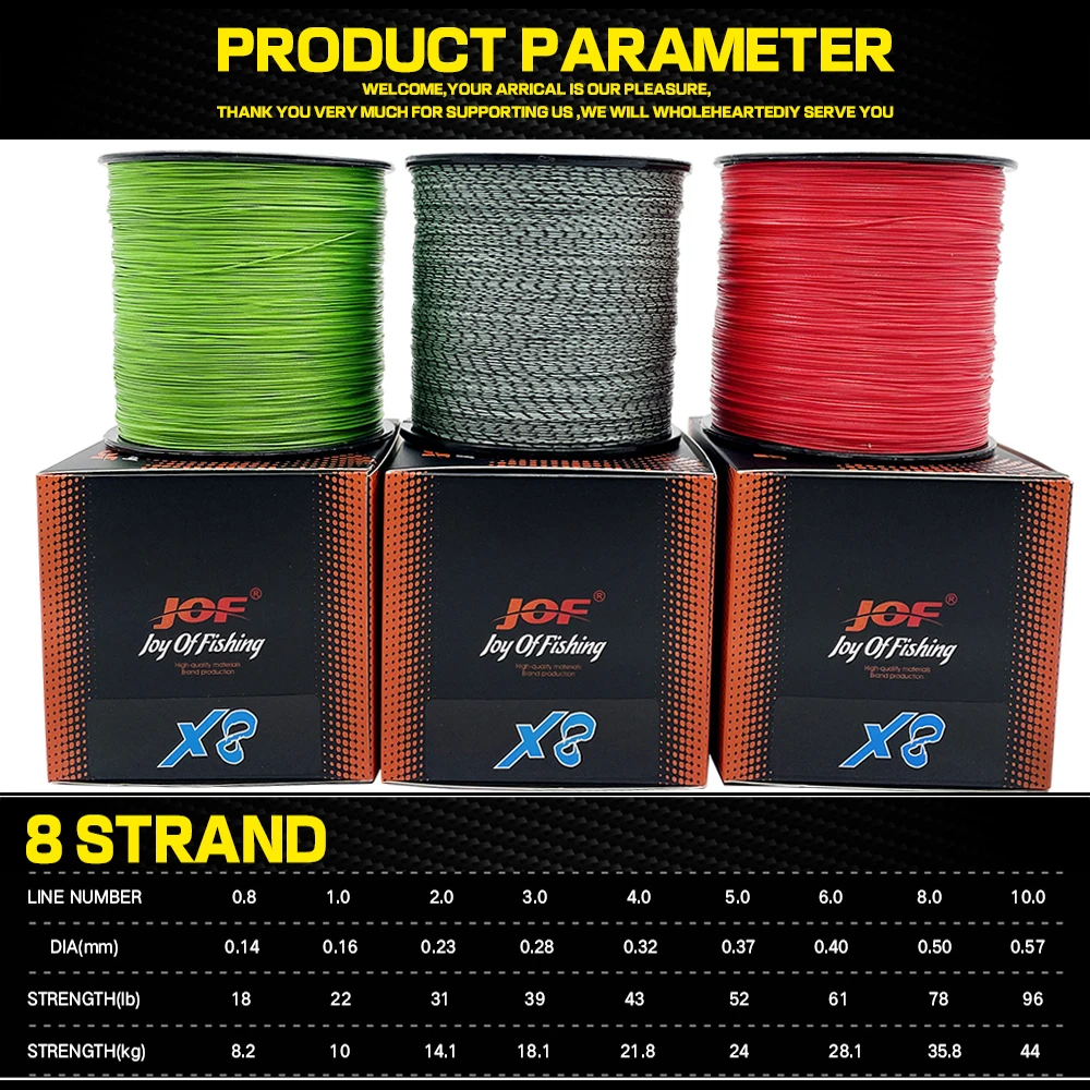 JOF Multifilament X8 Braided High Thread Density Fishing Line  0.14-0.5mm  Various Colors Thin and Stronger 100Meter 18-78 lb