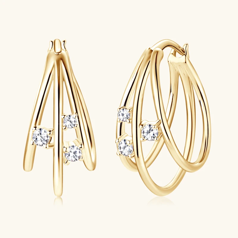 Anziw Original Split Three Hoop Earrings 0.15cttw Moissanite Clip Earring Yellow Gold Silver 925 Jewelry for Women Gifts Wedding
