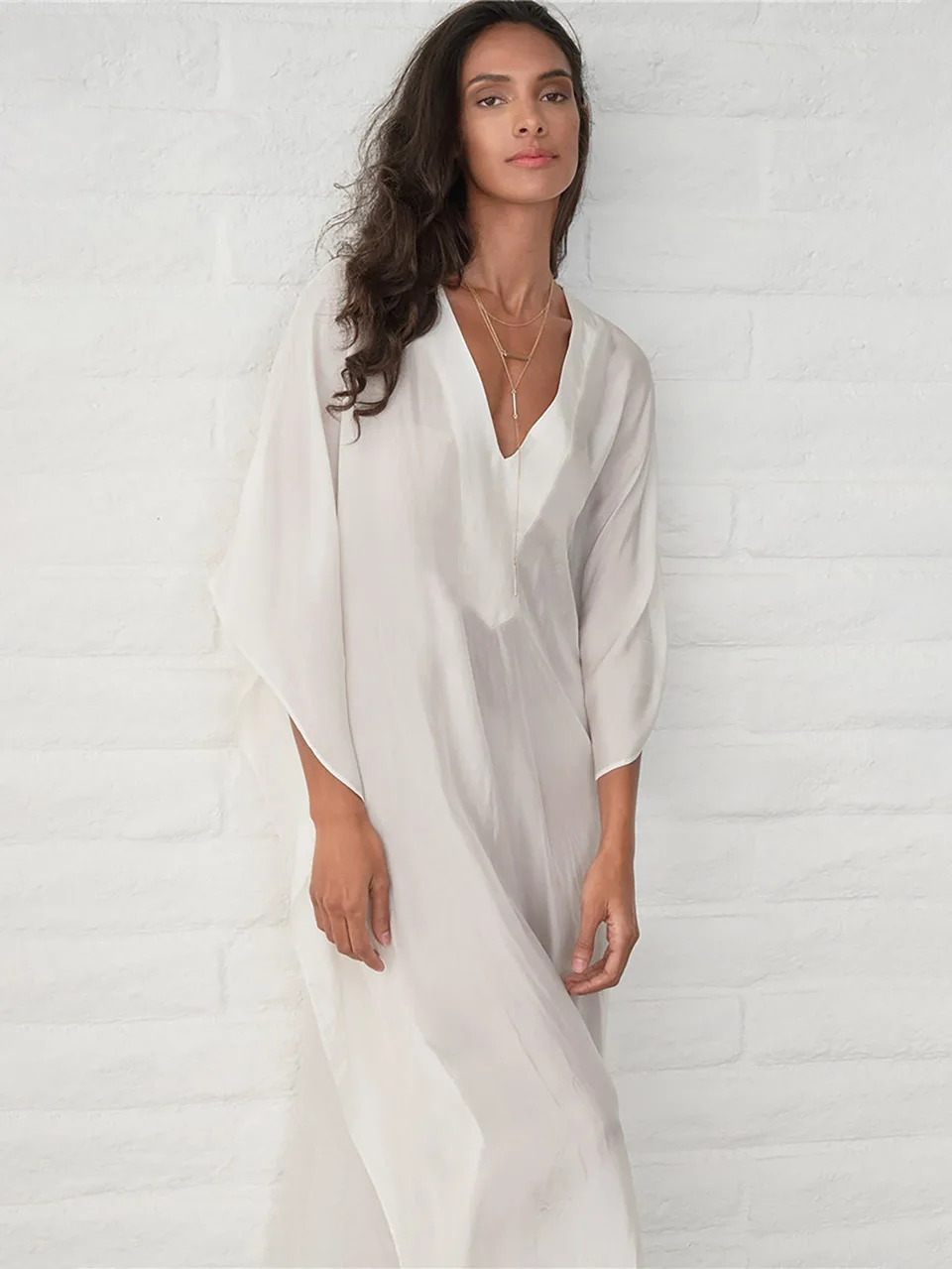 2023 Bikini Cover-ups White Sexy V-neck Kaftan Loose Dress Bohemian Maxi Dresses Women Swimsuit Cover Up Beachwear Sarong Pareo