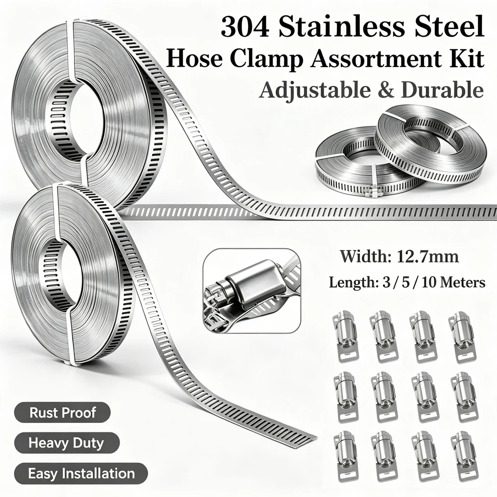 1-3Roll 304 Stainlesss Steel Screw Drive Hose Clamps, Adjustable Worm Gear Clips Rust Proof Fasteners for Fuel Coolant Pipe
