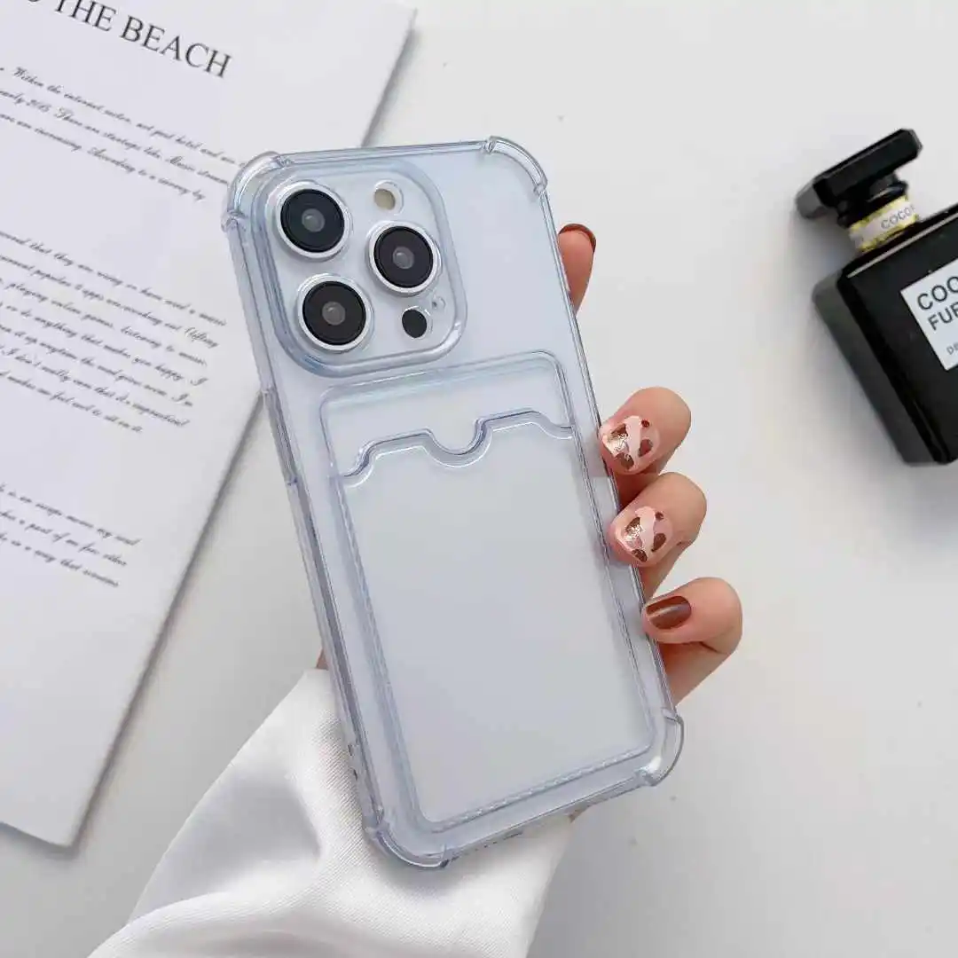 Luxury Silicone Clear Phone Case For iPhone 15 14 16 Plus 13 12 11 Pro Max Wallet Card Insertion Bracket Shockproof Back Cover