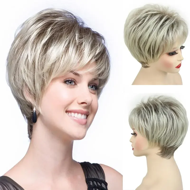 Short Blonde Wigs for Women Pixie Cut Hairstyle Synthetic Hair with Bangs Heat Resistant Party Daily Natural Mommy Wig Pelucas