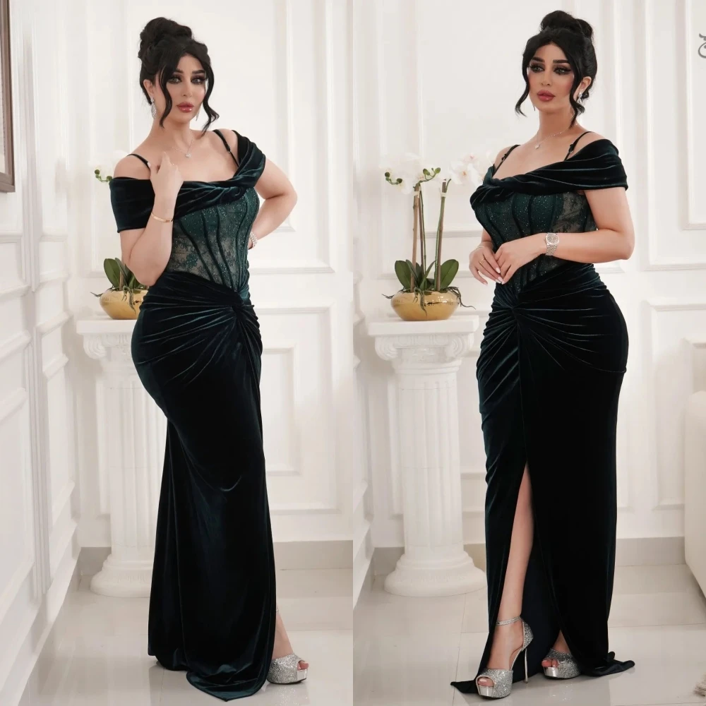 

Customized Velour High Quality Exquisite Off-the-shoulder Spaghetti Mermaid Evening es Fold S Custom