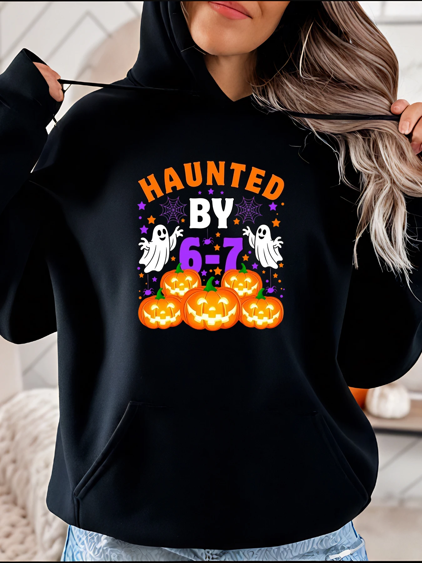 

Halloween Hoodie Haunted by 6-7 Pumpkin Ghost Print Women's Casual Sweatshirt Autumn Seasonal Costume Outfit