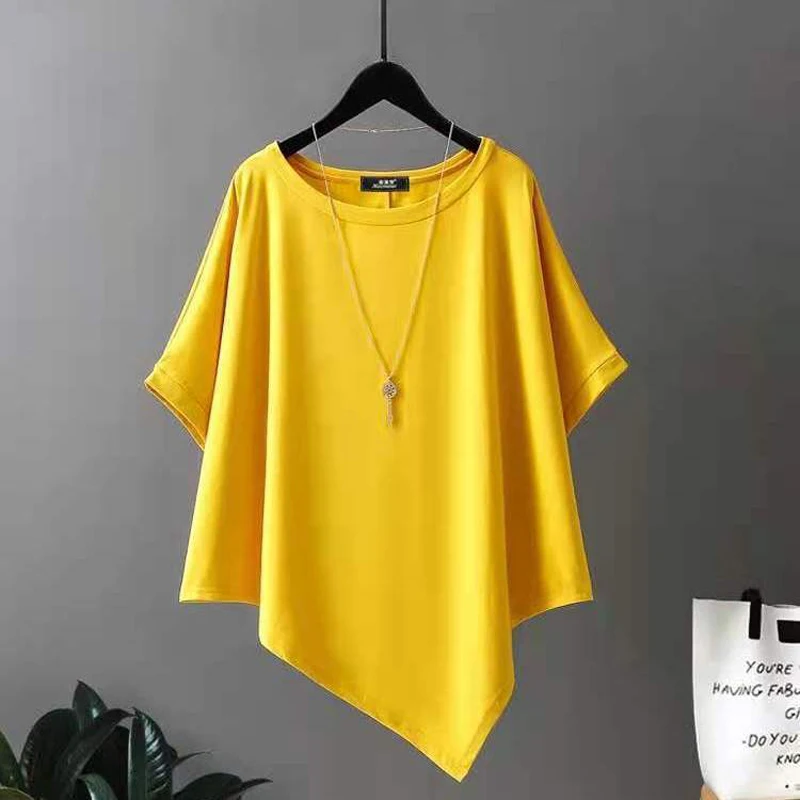 2025 Summer New Arrival Irregular T-Shirt Pullover Short Sleeve Top Women's Round Neck Bat Sleeve Ice Silk Top plus size Slant H