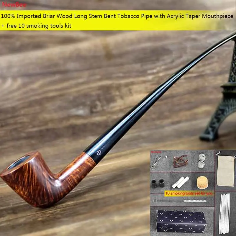 MUXIANG Long Stem Imported Briar Wood 9mm Filter Bent Tobacco Pipe Wooden Pipe For Smoking Gifts For Men For Father