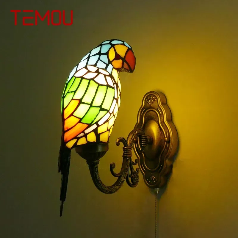 TEMOU Tiffany parrot Wall Lamps American countryside Children's room Homestay Villa Hotel Stained Glass Animal Decoration Lamp