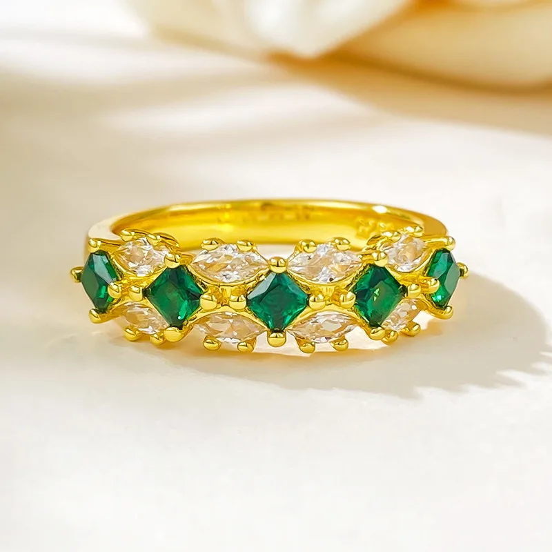 S925 Silver Ring Women's Fashion Colorful Treasure Artificial Emerald Ring Daily Replacement Grand Style Ring