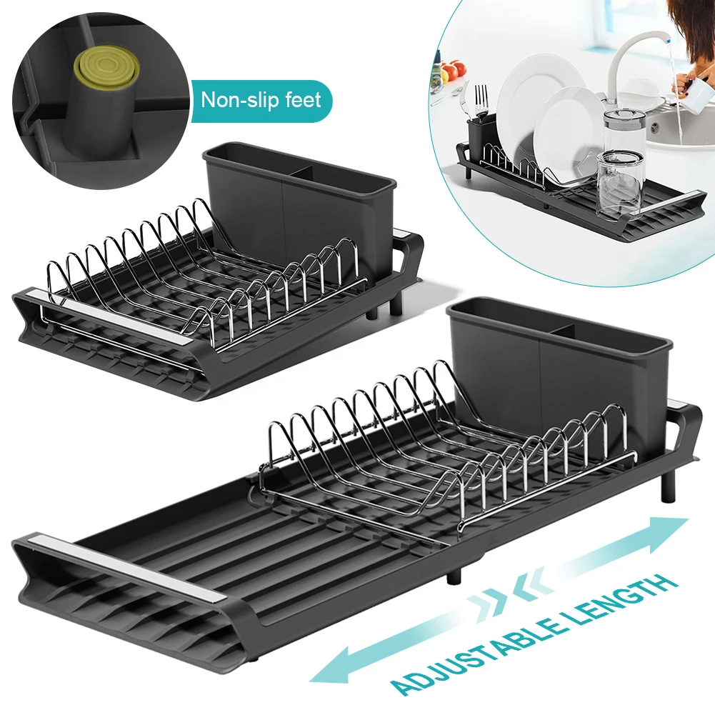 Extendable Dish Drying Rack With Draining Tray Rustfree Rack For 8 Plates With 2 Utensil Holder Kitchen Countertop Storage Rack