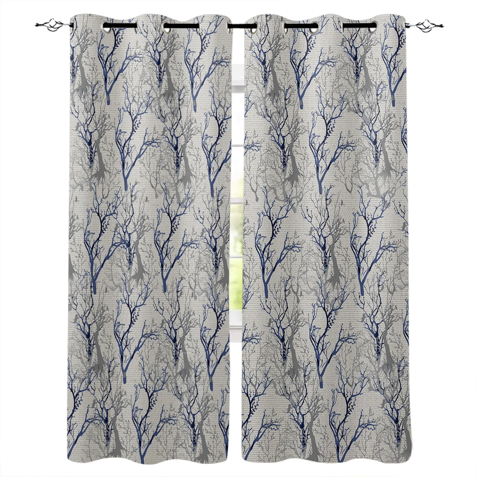 Plant Branches Hand-Painted Bird Blue-Grey Window Curtain Living Room Kitchen Curtain Panel Blackout Curtains For Bedroom