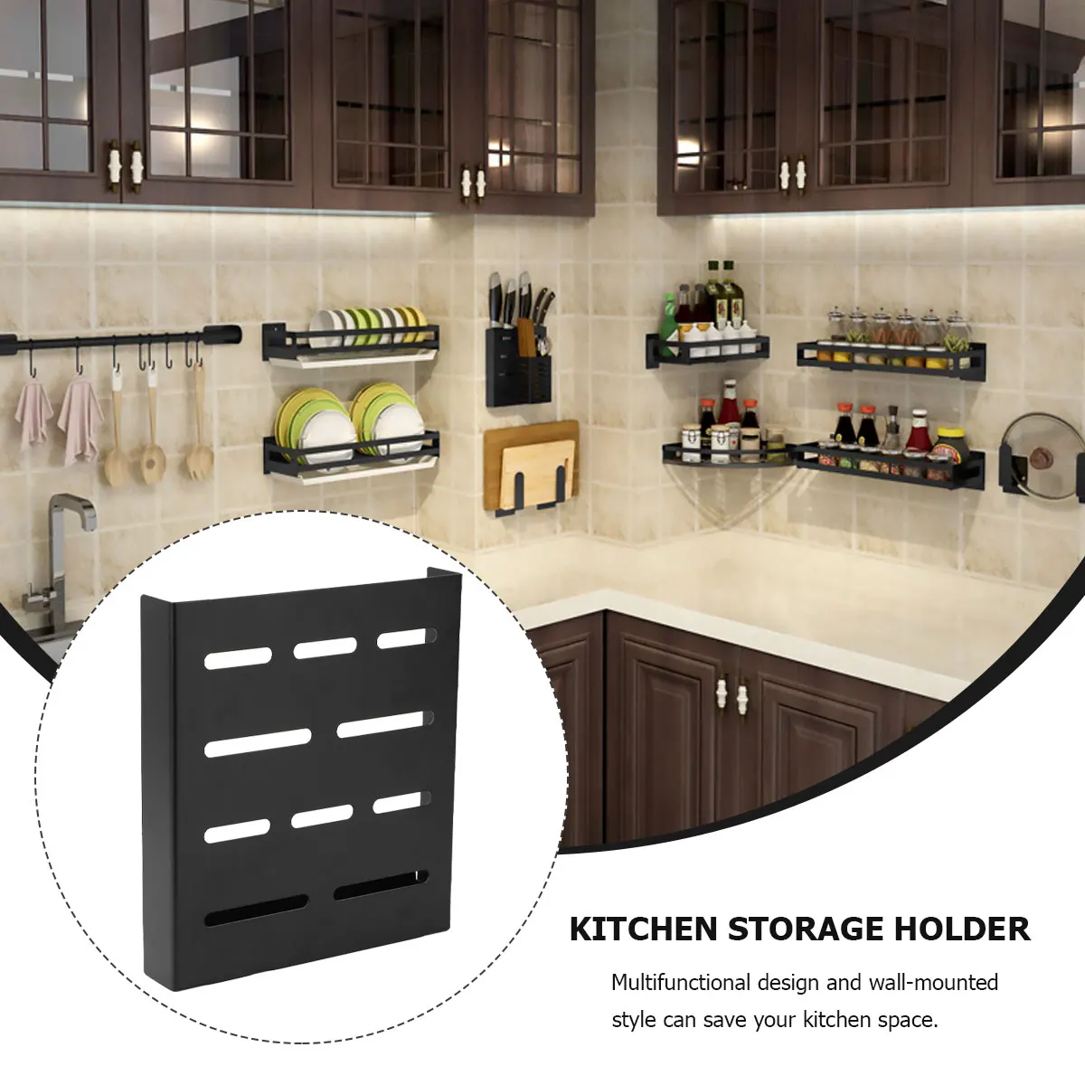 

1pc Stainless Steel Wall-Mounted Kitchen Storage Rack Multi-Functional Organizer Cutlery Holder Home Space-Saving Black