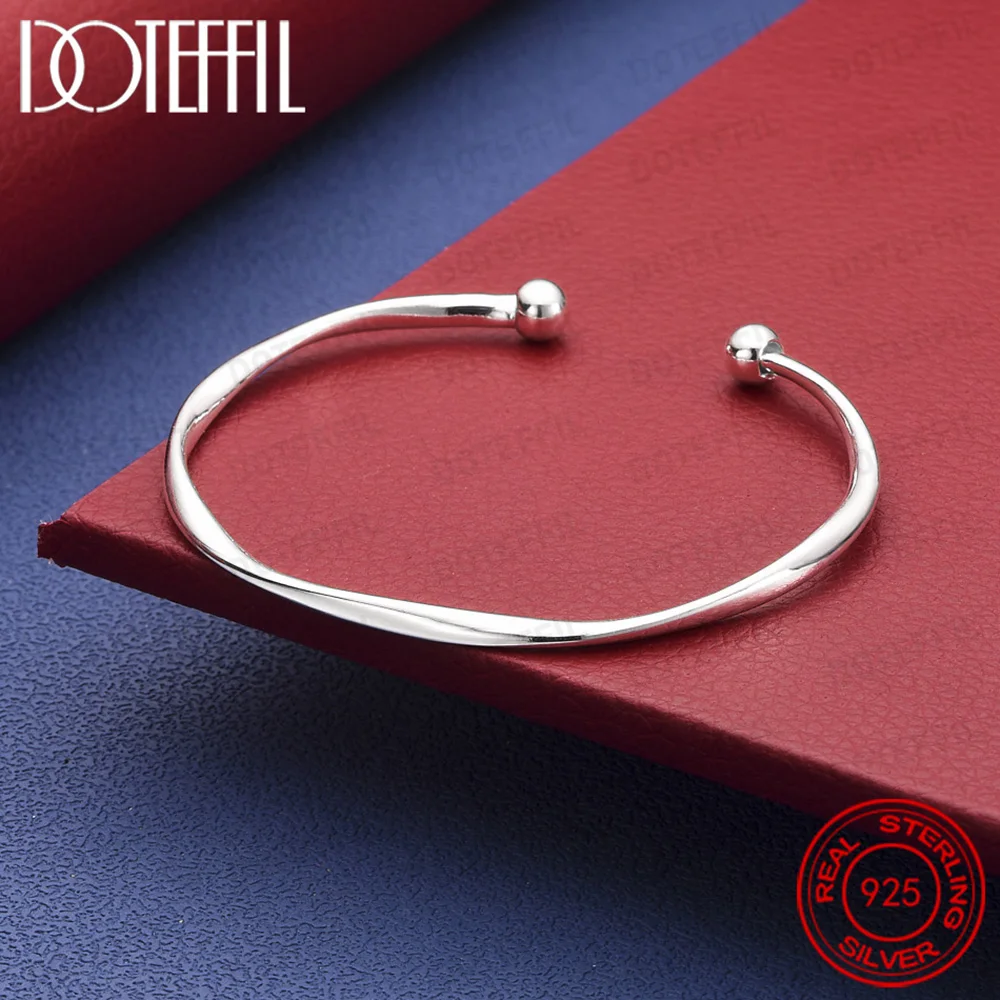 

925 Sterling Silver Twisted Polished Bead Bangle Fashionable Charming Jewelry for Women
