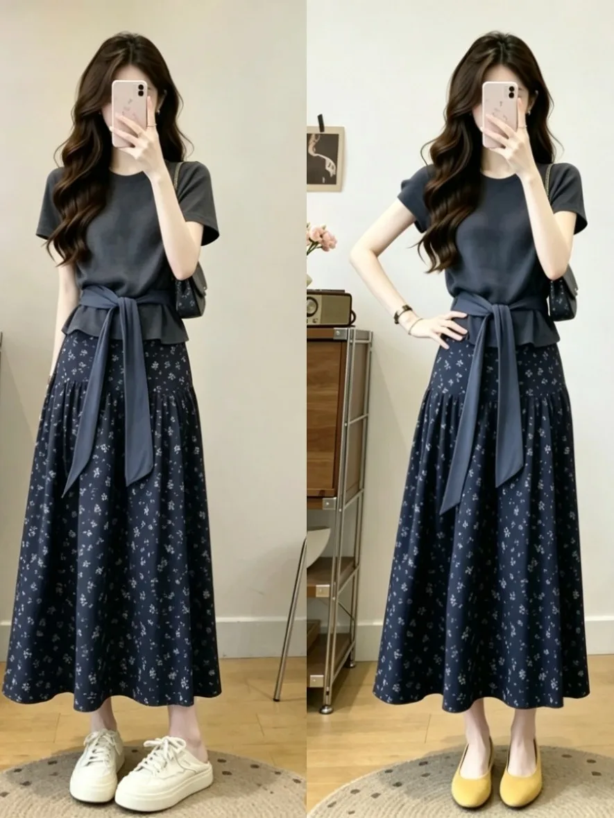 

Fashionable plus Size Summer Outfit with Waist-Cinching Half Skirt And Short Sleeve T-Shirt Set for Plump Women A-Line Skirt