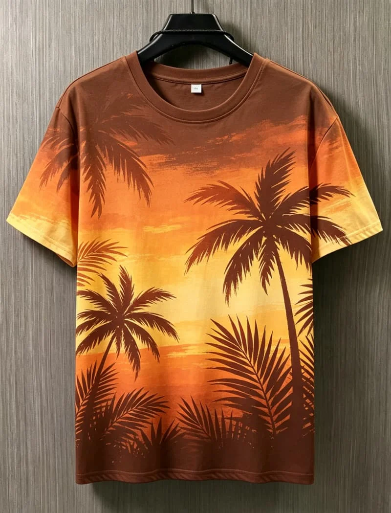 Men's Watercolor Tropical Print Casual T-Shirts, Short Sleeve Crew Neck Tops for Summer Beach, Vacation and Daily Wear