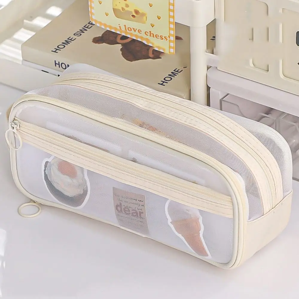 Large Capacity Transparent Mesh Pen Bag Zipper Double-deck Stationery Pen Case Washable Korean Pen Storage Bag School Supplies