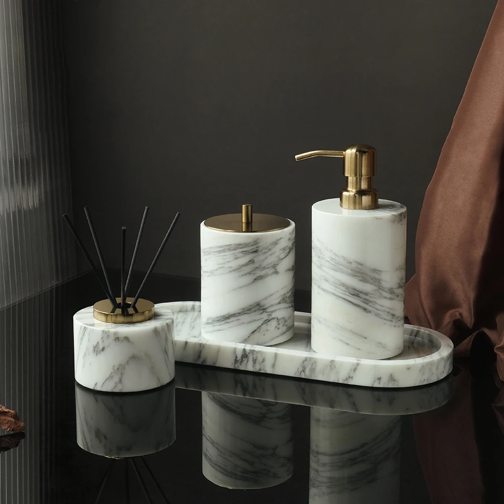 

White Arabescato Natural Marble Bathroom Set Soap Dispenser Cotton Swabs Jar Reed Diffuser Vanity Tray Bathroom Accessories