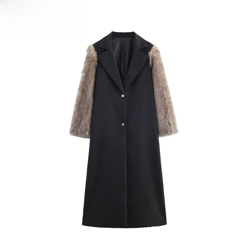 

Faionable длинная лоскутная шуба женская осенняя новинка Sle 2025 уличная одежда из полиэфирного волокна 00% на одной пуговице