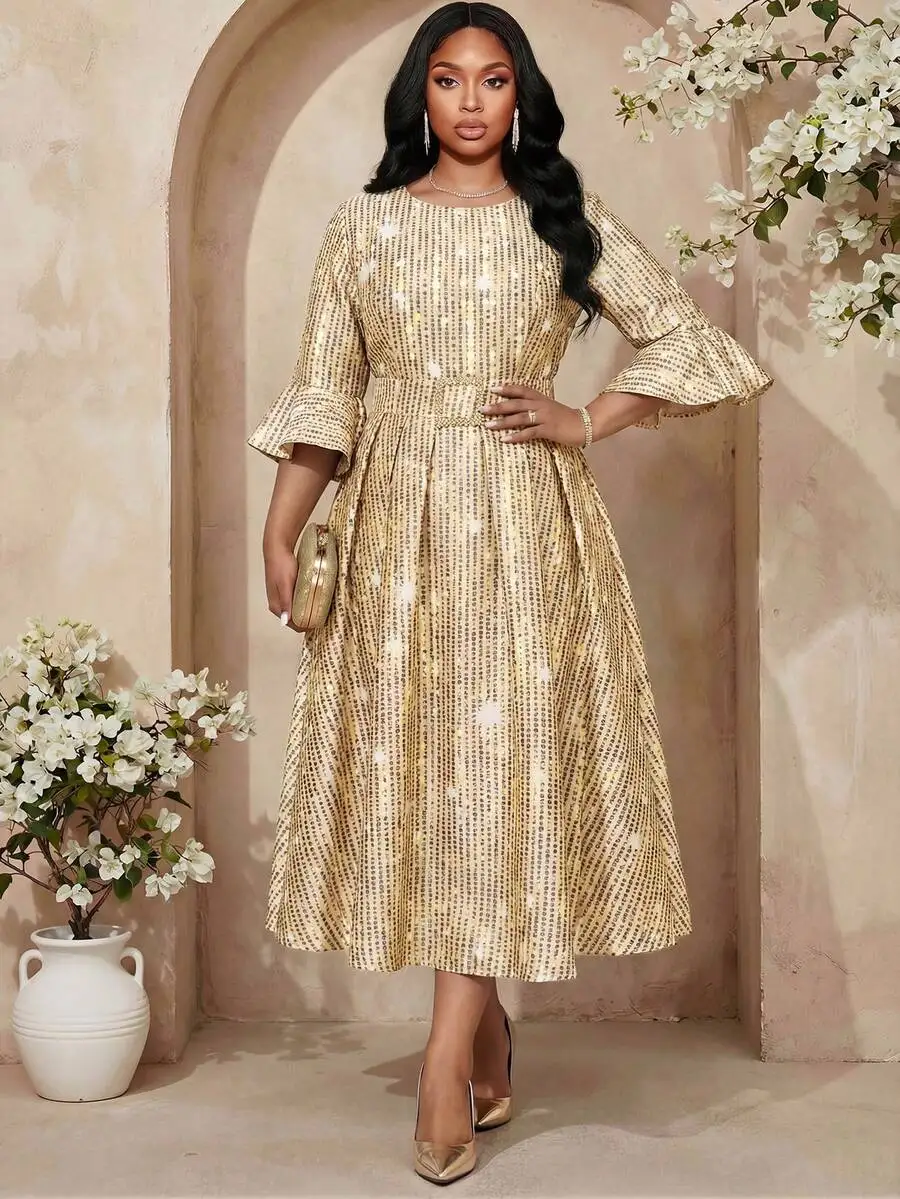 

Elegant Gold Tone Woven Satin Midi Dress With Flared Sleeve Belted A-Line For Office Party Summer