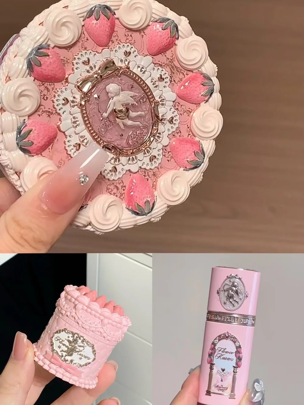 Fower sabe morango cupido conjunto de cosméticos batom blush configuração pó presente especial para menina festival de natal