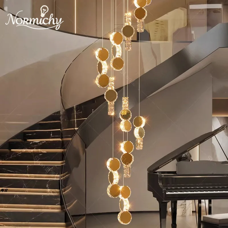 

Villa Staircase Pendant Light Duplex Spiral Staircase Long Chandelier Loft Apartment High Ceiling Crystal Lighting Changeable