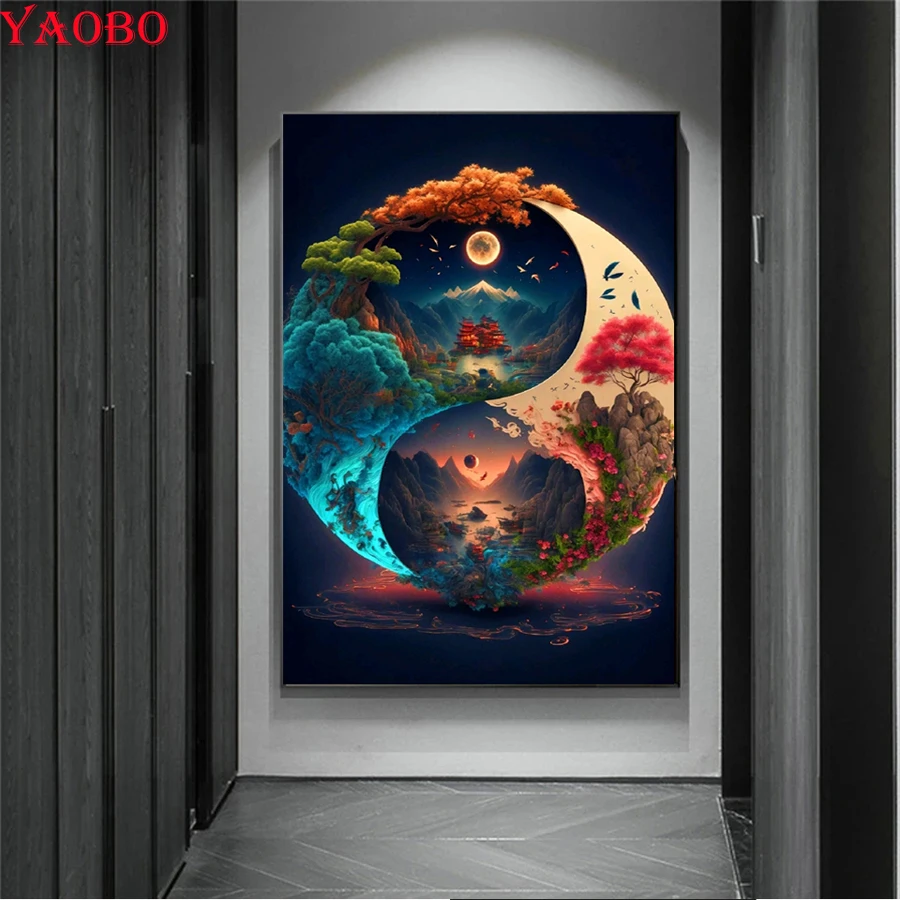 Full Square/Round 5D Diamond Painting  Tai Chi Yin Yang and Four Seasons Natural Scenery Diamond Mosaic Painting Rhinestone