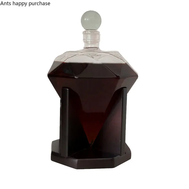 Diamond Shaped Glass Bottle with Wooden Base Thickened Glass Pitcher Flagon Decanter Hip Flasks Liquor Bottle Whiskey Bottles