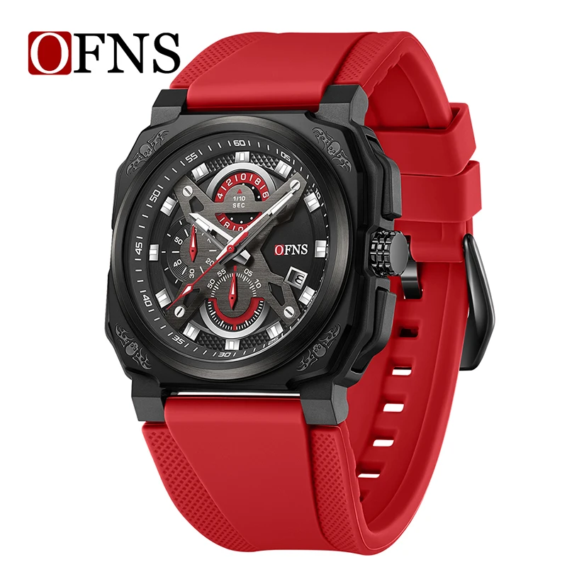 

OFNS 8022 Men's Classic Square Quartz Watch Casual Fashion Calendar Waterproof Cool Multifunctional Chronograph Sport Wristwatch