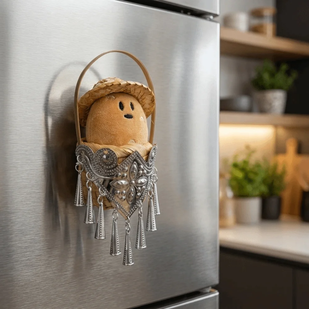 Bamboo Basket Design 3D Potato Fridge Magnet Soft with Bell Potato Refrigerator Magnets Handmade Mini Fridge Sticker Gift
