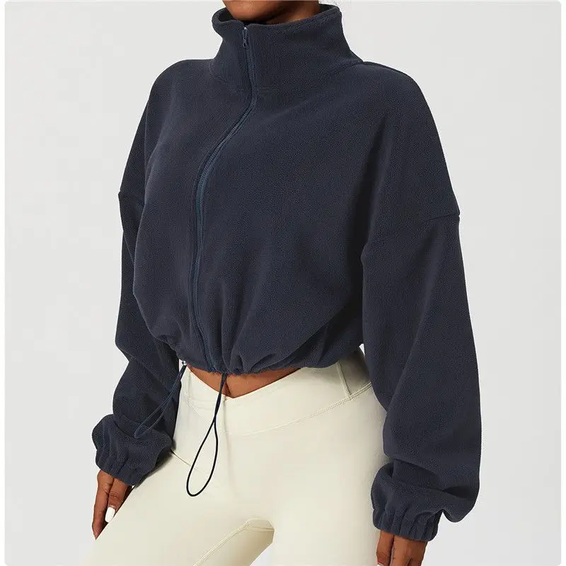 2026 Women Loose Cropped Jacket Loose Zipper Sweatshirt Long Sleeve Coat Cardigan Sportswear Streetwear Drawstring Tops Clothing