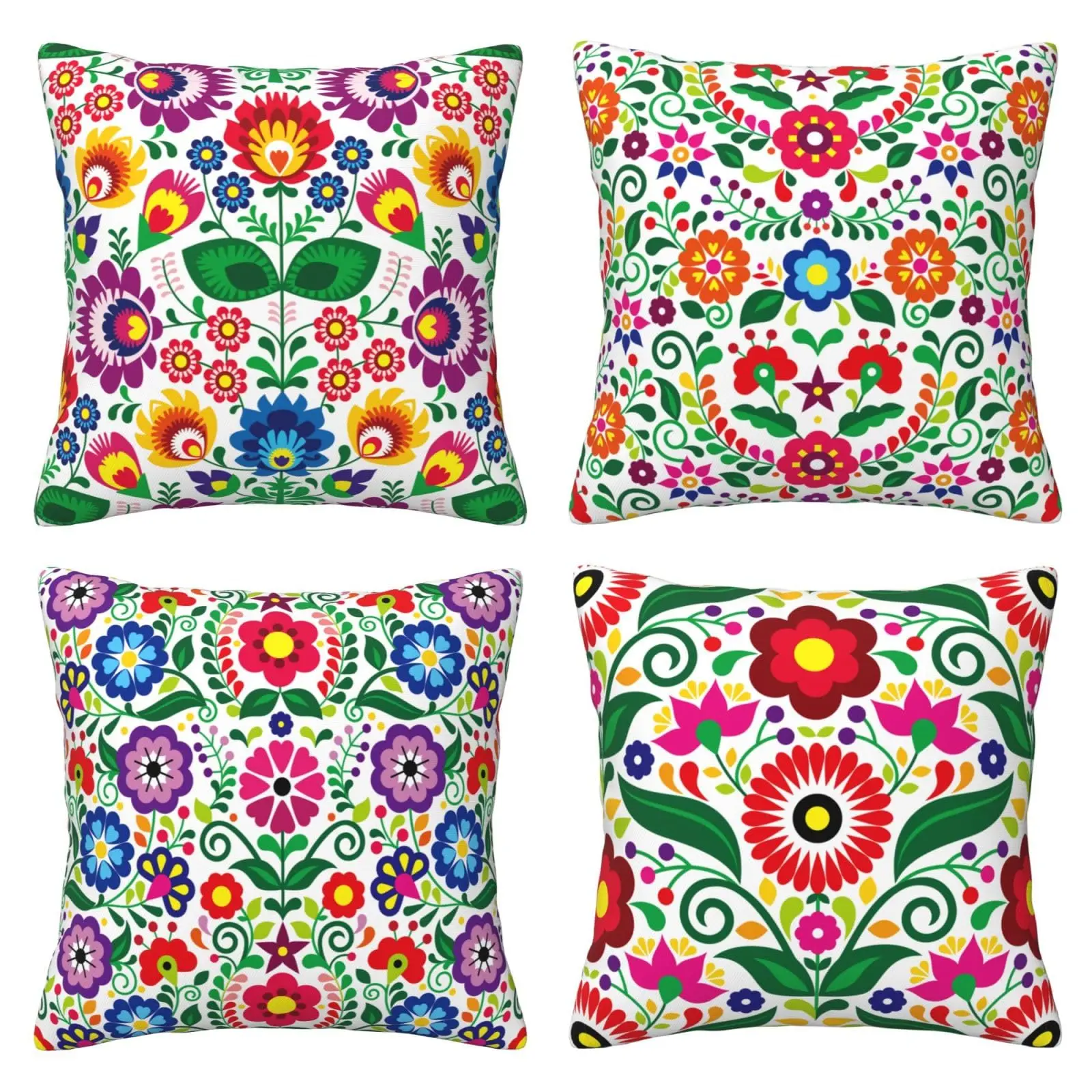 

Colorful Mexican Floral Set of 4 Pillow Covers, Cushion Case Sofa Throw Pillows Cover Garden Pillow Covers for Couch Room Decor