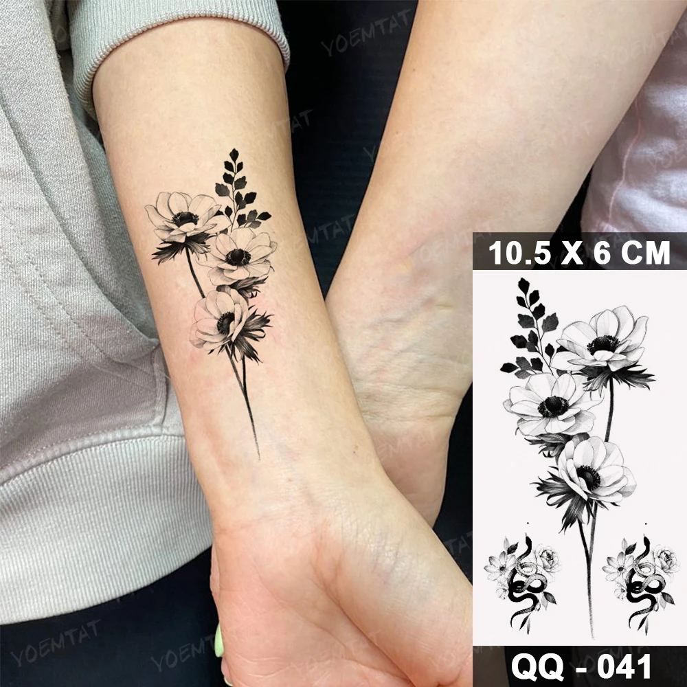 Transfer Waterproof Temporary Tattoo Sticker Women Realistic Flower Plant Rose Peony Snake Flash Tatto Men Kid Wrist Fake Tatoo