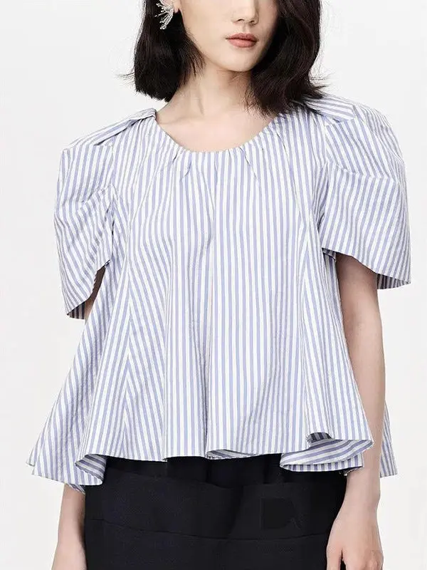 

plus Size Women's Sweet Style Striped Bubble Sleeve Short Shirt Summer Breathable Polyester Casual Fashion Inner Wear Top