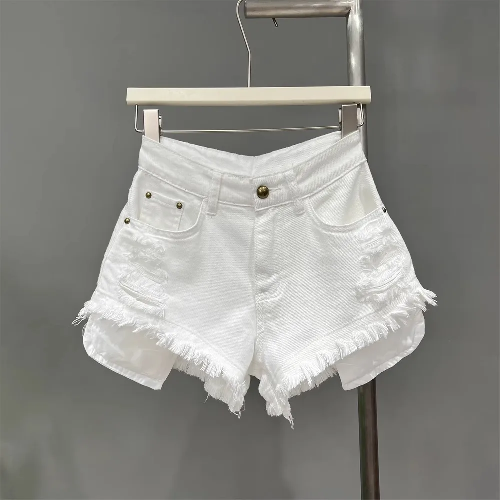 

Retro Shorts with A Cut Waistband High Waist Personalized Fashion Wide Leg Hot Pants Shorts Women High-waisted Ripped Fringe Hem