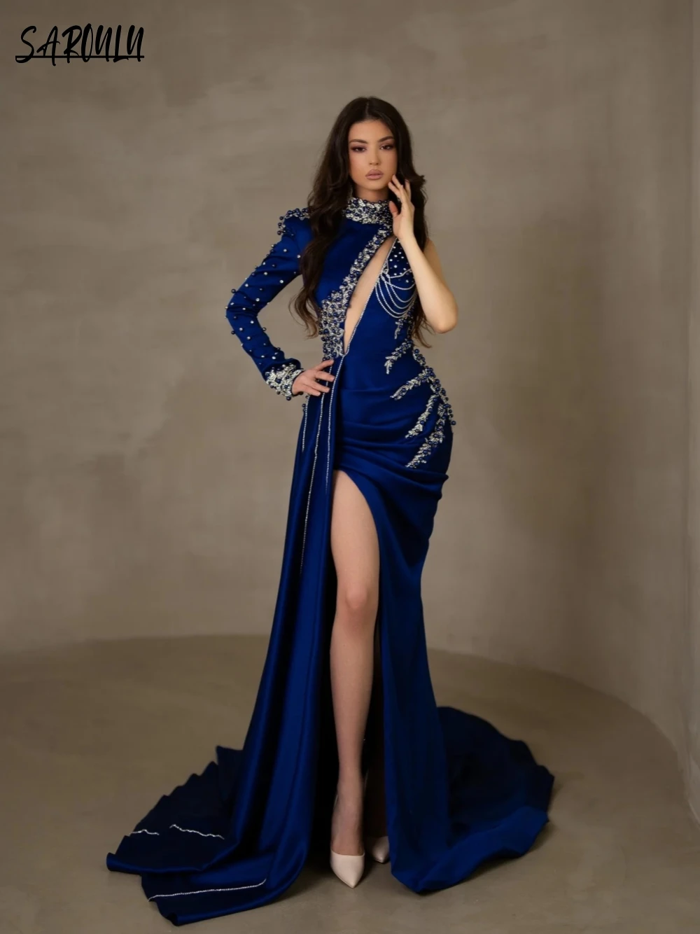 Vestido De noche De cuello alto con cuentas De cristales, traje De Novia De sirena elegante, largo hasta el suelo, color azul