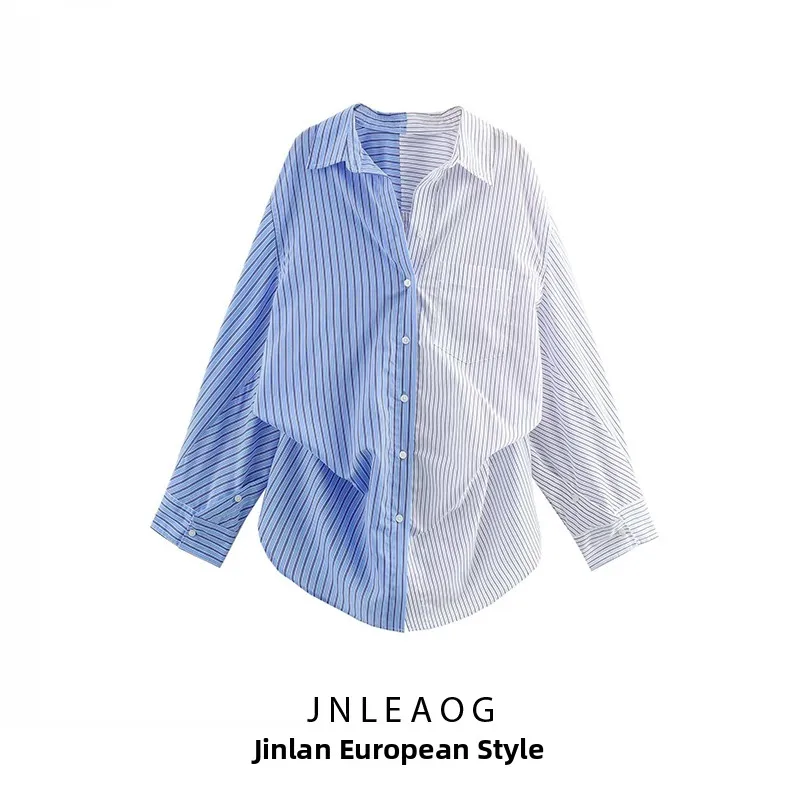 

Spring New Women's Shirt Dual Color Patchwork Stripe Design Breathable Lightweight Long Sleeve Casual Fashion Polyester Fiber