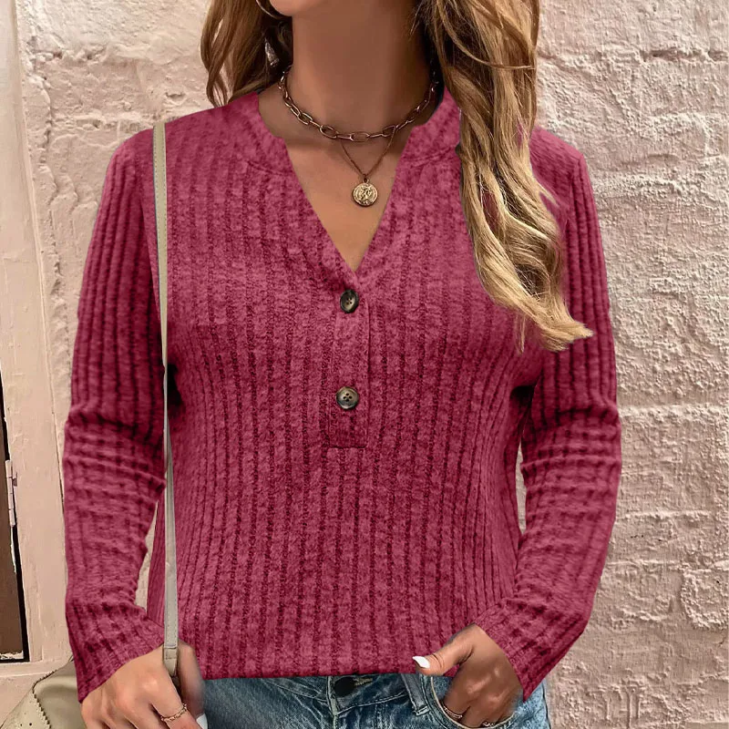 

2023 Autumn and Winter New Women's Fashion Solid Color Pit Stripe Brushed Casual Comfort Versatile Button Long Sleeve Top