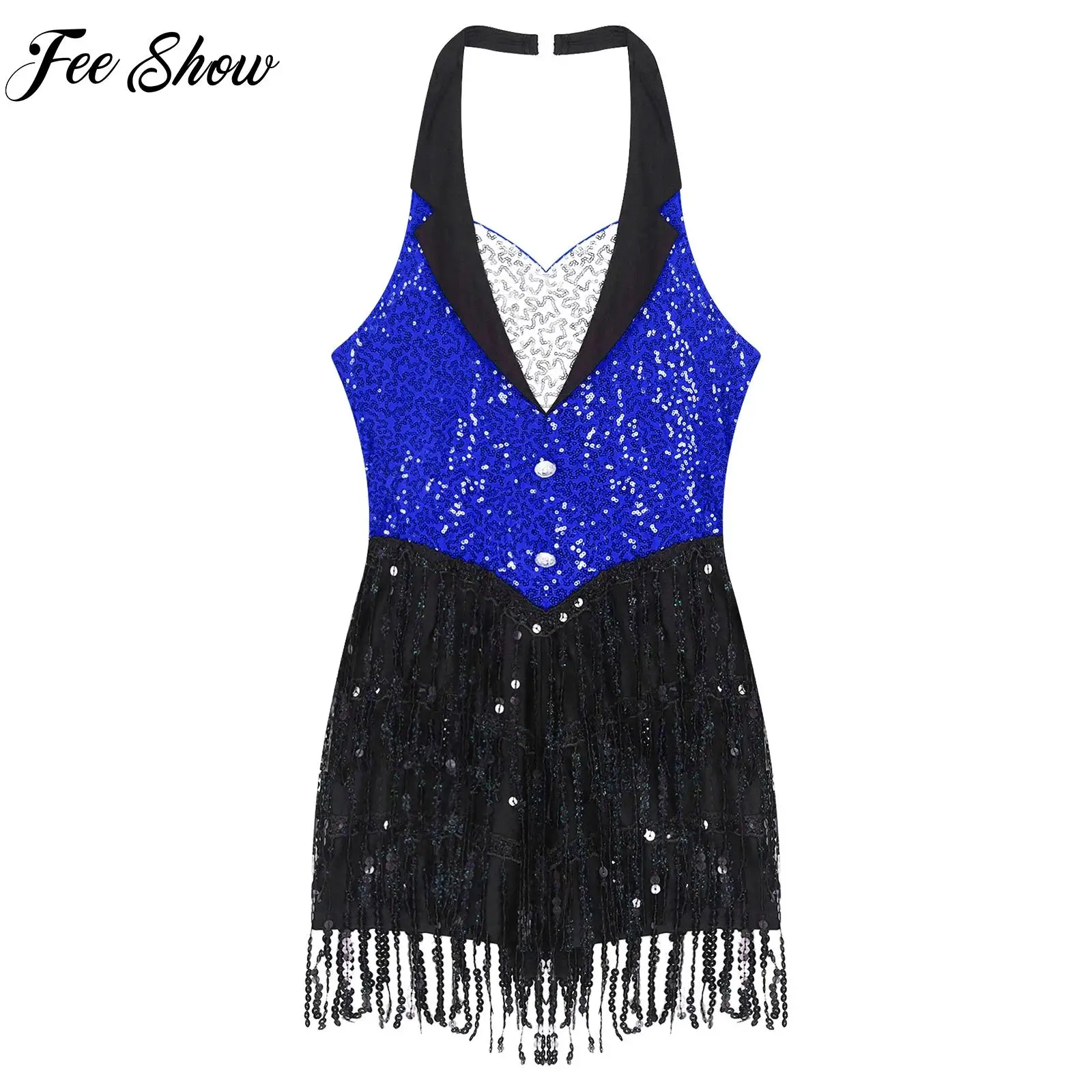 

Hot Womens Jazz Dance Leotard Latin Samba Rumba Tango Ballroom Dance Performance Costume Sparkly Sequins Jumpsuit Tassel Leotard