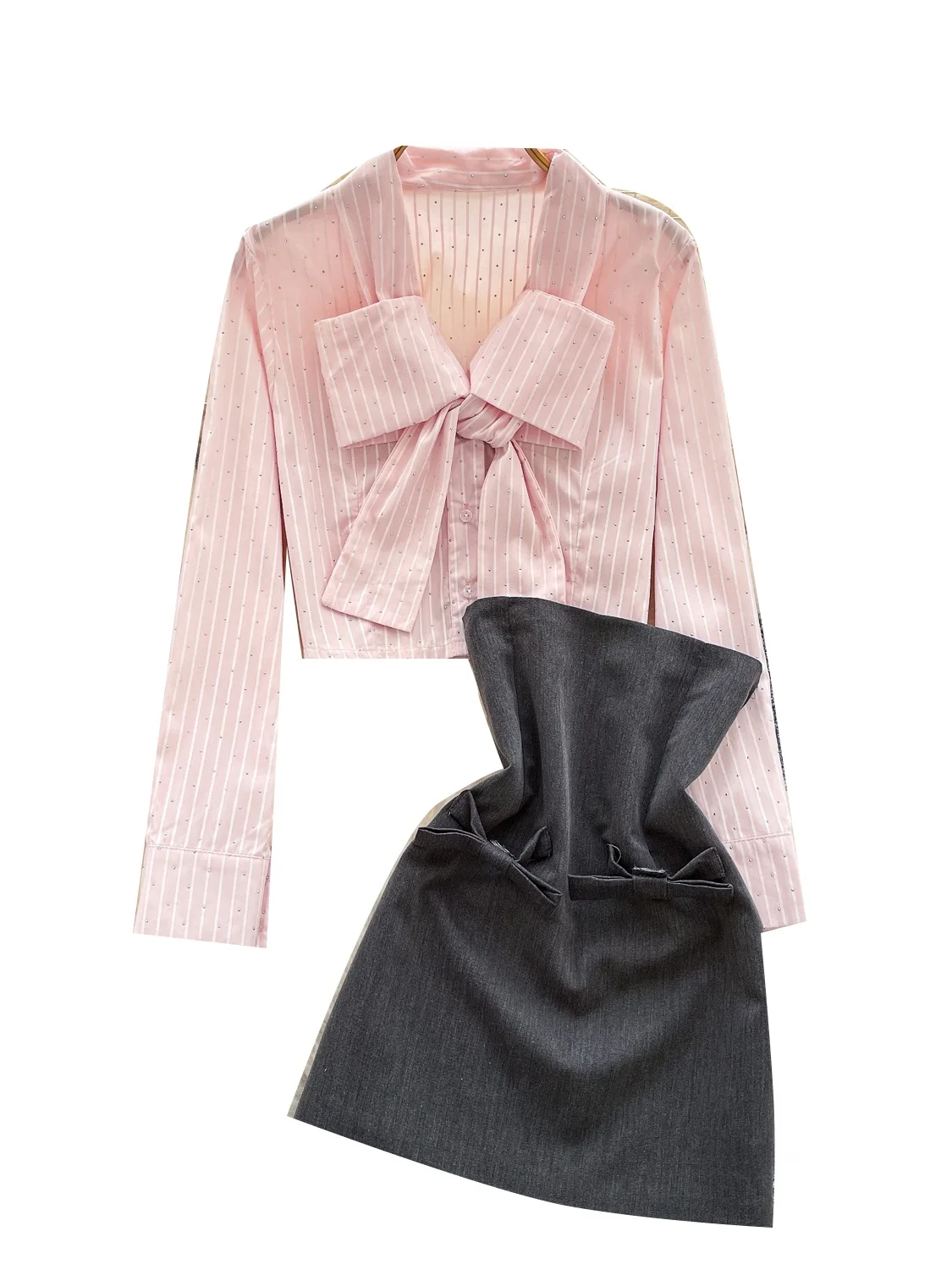 Ele ストライプロングスカート レディース ハイウエスト スリムフィット 蝶ネクタイスカート ツーピースセット 通勤スカート 秋服