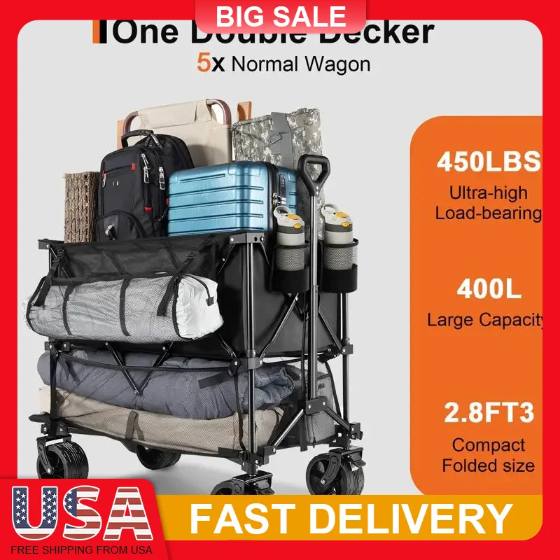 

Heavy Duty Folding Wagon Cart Double Decker 450lb Capacity Wheels Collapsible Utility Cart for Camping Sports Shopping