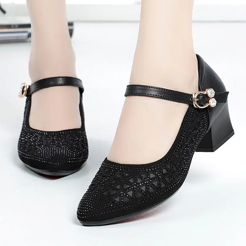 

Women's Spring Pointed Toe High Heels 2026 New Style Summer Breathable Rhinestone Mesh Soft Sole Single Shoes Zapatos De Mujer