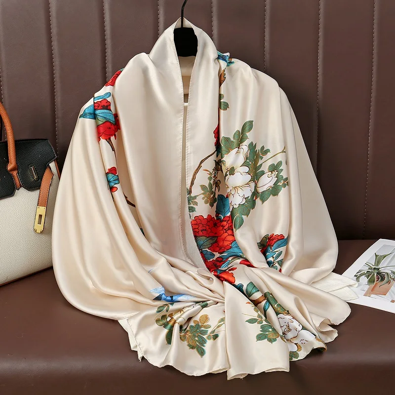 2024 New Stain Silk Scarf Floral Shawl Women Elegant Neckscarf Smooth Stoles Soft Pashmina Hijab Foulard Party Neckerchief