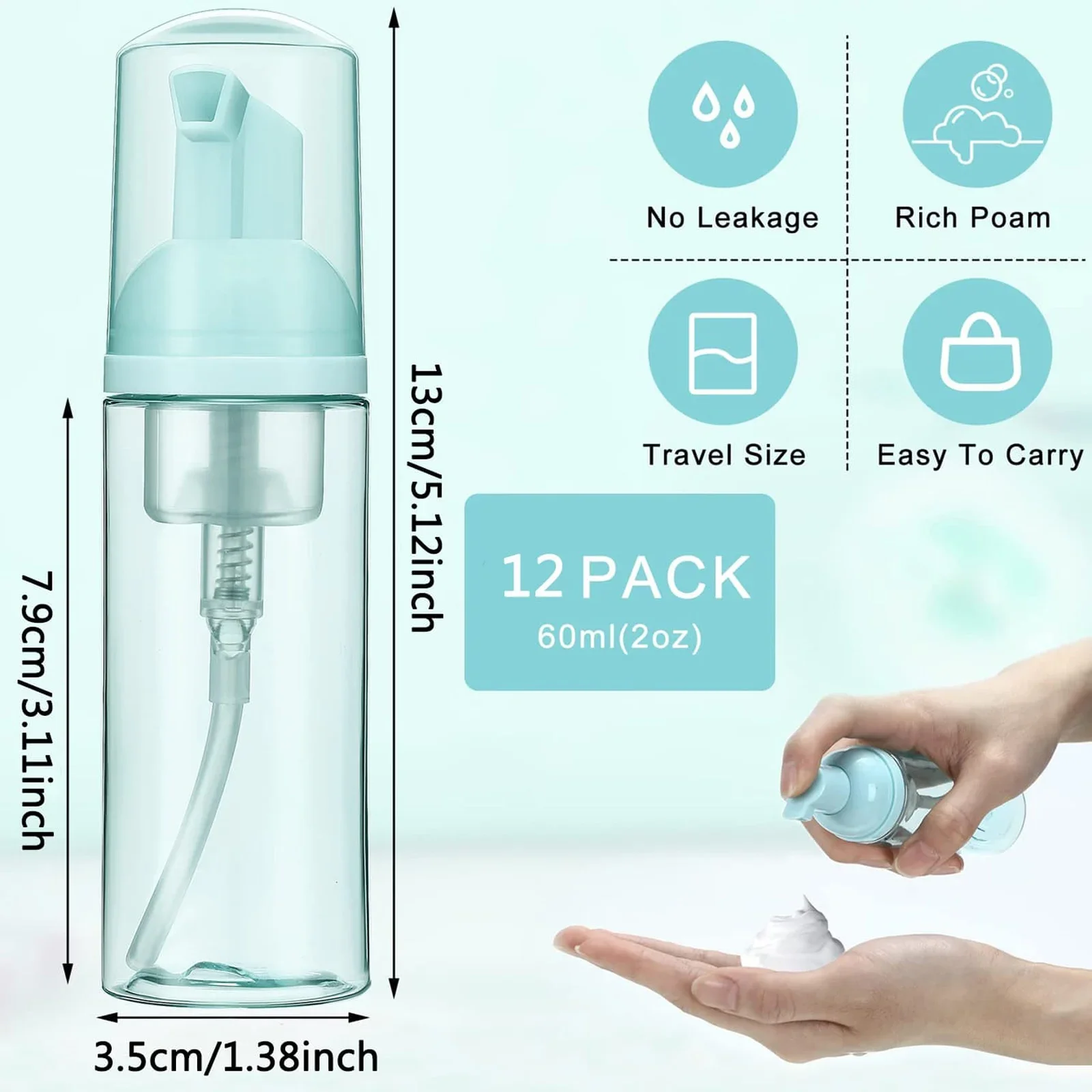 12pcs 2oz/60ml Travel Foam Pump Bottle Lash Shampoo Bottles for Hand Sanitizer Liquid