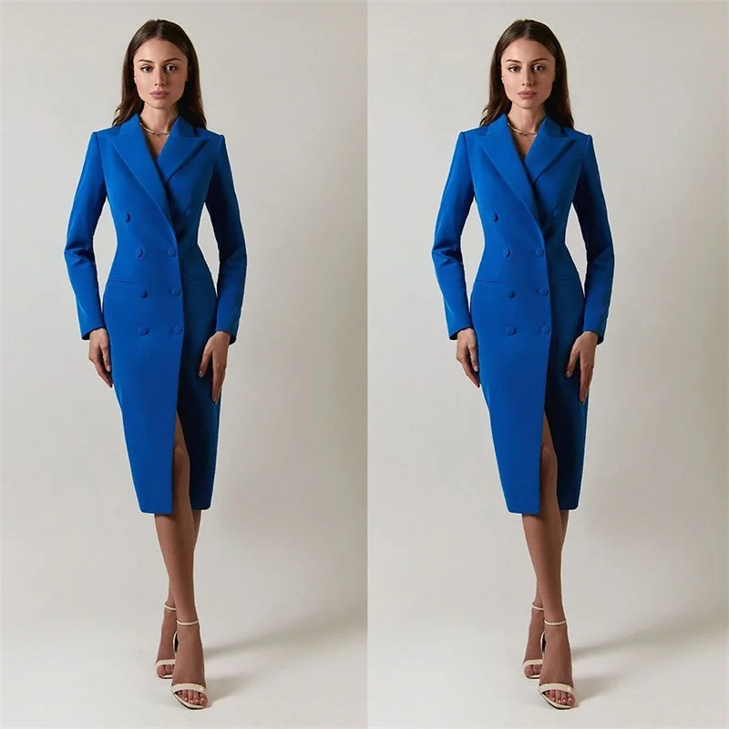 Costume Blazer bleu pour femmes, robe de bal formelle pour le bureau, robe de soirée de styliste à Double boutonnage, veste longue sur mesure