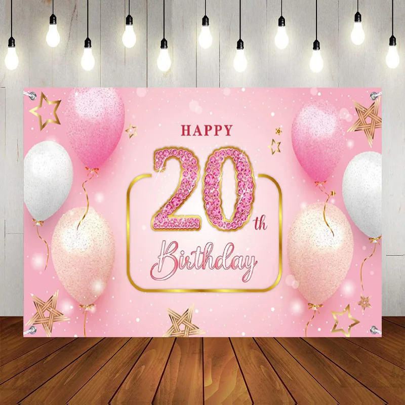 Happy 20th Birthday Banner Photography Backdrop 20 Years Old Birthday Decorations Party Women Men Black Gold Background Poster