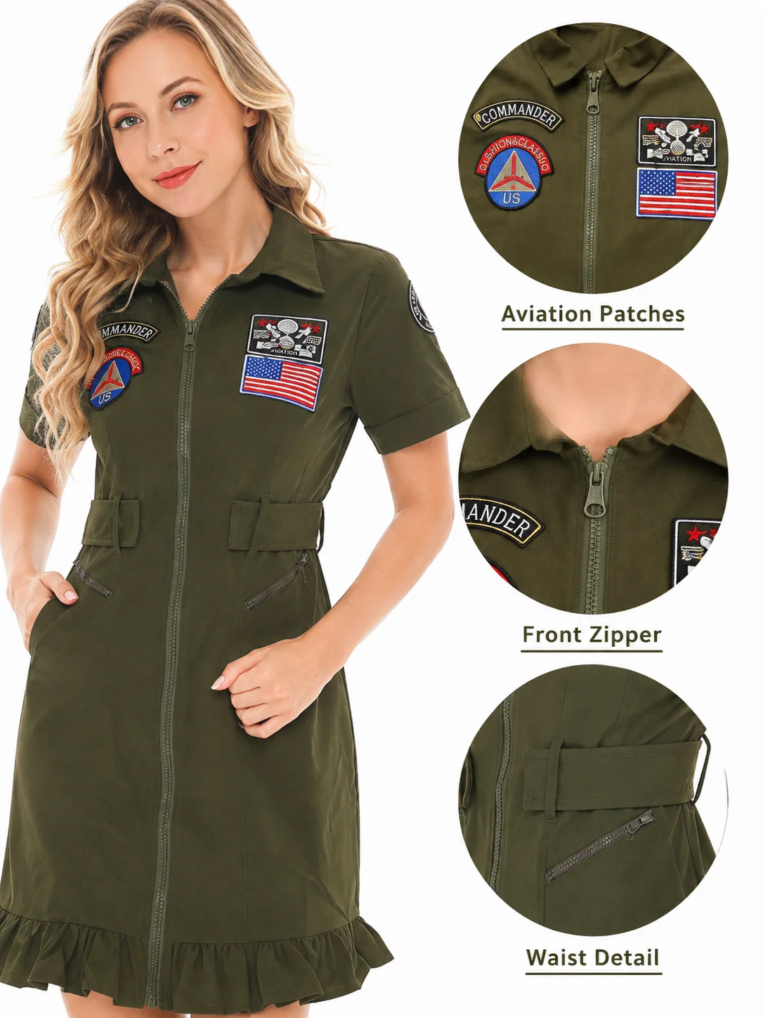 Women Sexy Top Gun Pilot Costume Olive Green Short Sleeve Zip Front Embroidered Badge Belted Ruffle Hem Mini Dress for Halloween Cosplay Carnival Theme Party Fancy Dress，cosplay party, carnival, fancy dress, theme party, sexy uniform, 80s costume view 6