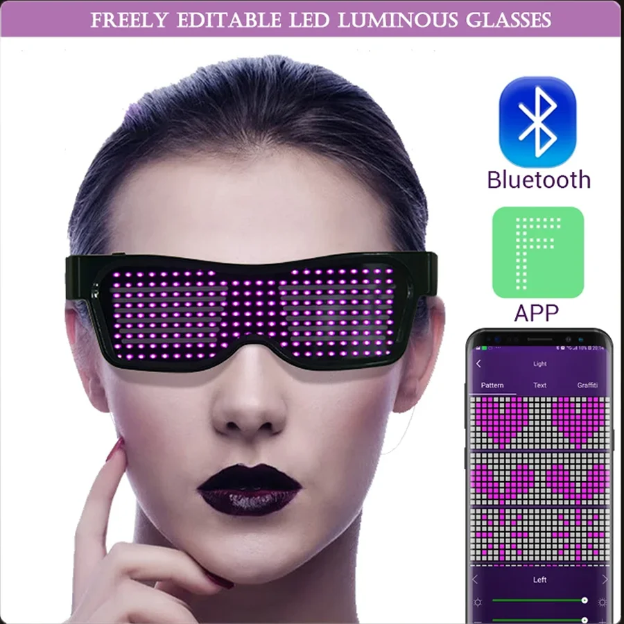 

Magic LED Party Glasses Bluetooth APP Control USB Rechargeable Quick Flash Luminous Glasses with DIY Edit Multi-lingual Features
