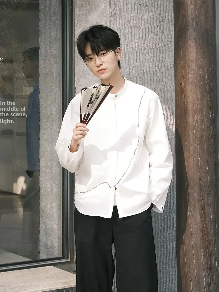 

HIER G-Neutral Small Size Long Sve White irt Ink Line Print Design Stand Collar Cotton Blend Original Design Wome...