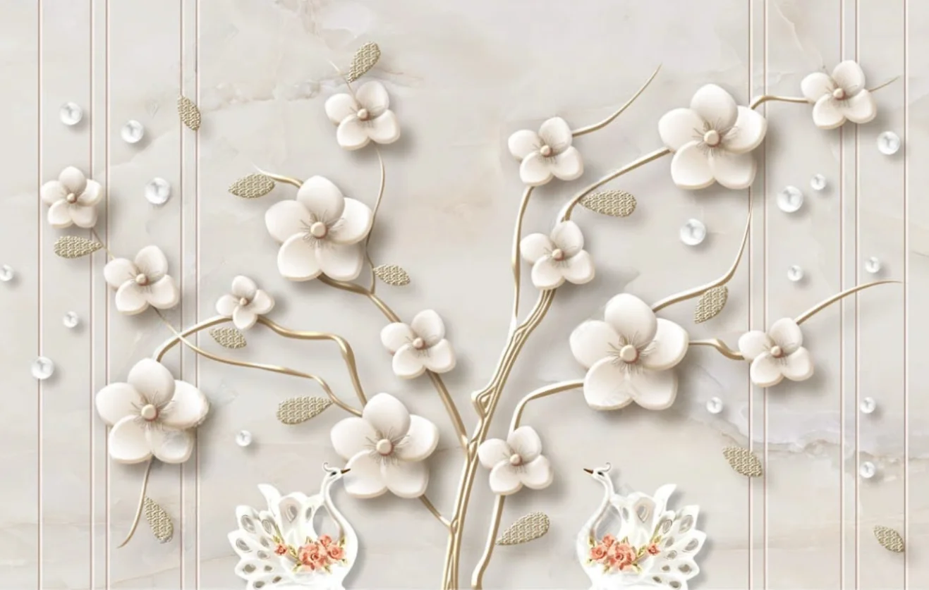 

Custom mural of any size New Chinese flowers and birds white flowers marble sofa background wall decoration wallpaper mural